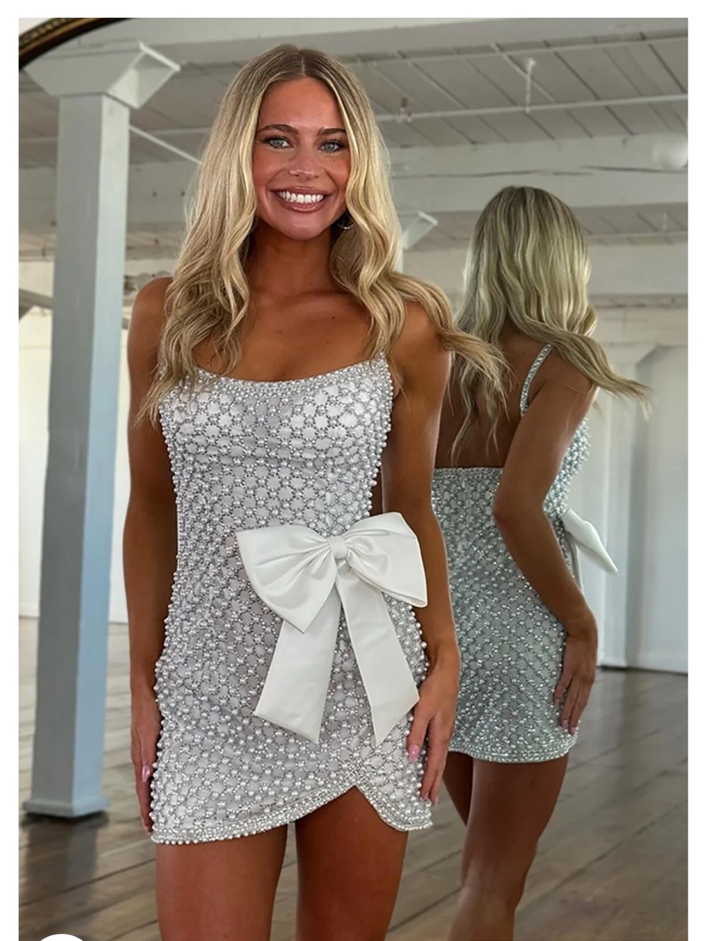 Pearl-Embellished White Mini Dress with Satin Bow